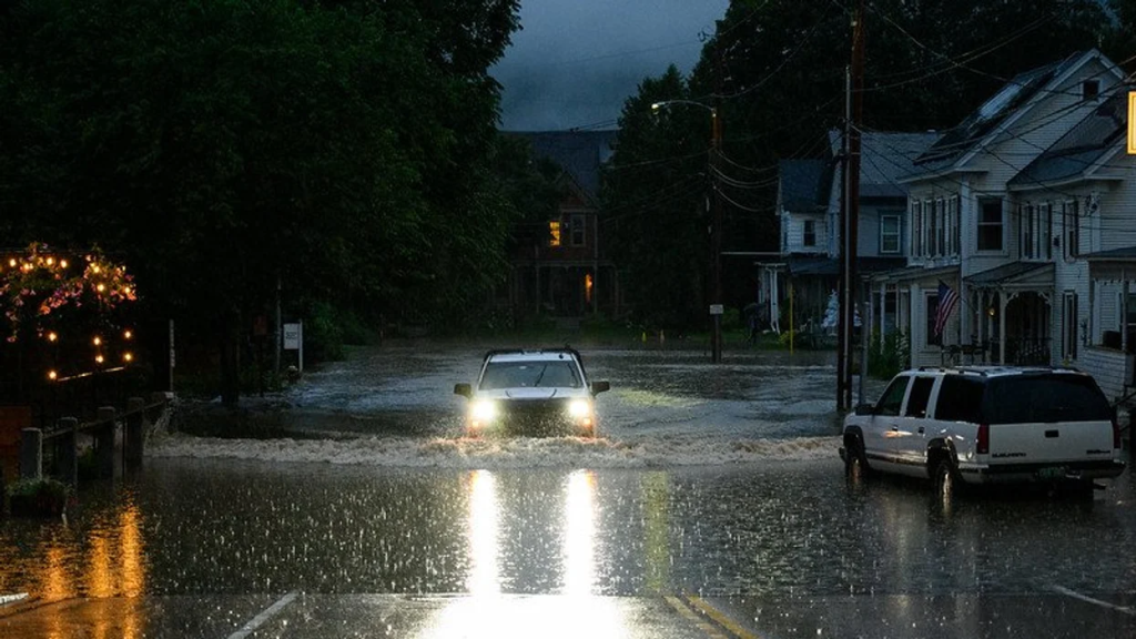 a truck passing by a flooded street