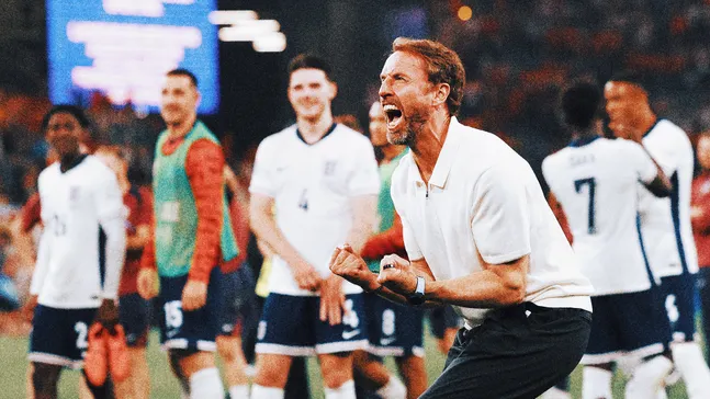 gareth southgate celebrates semi final win over netherlands in euro 2024